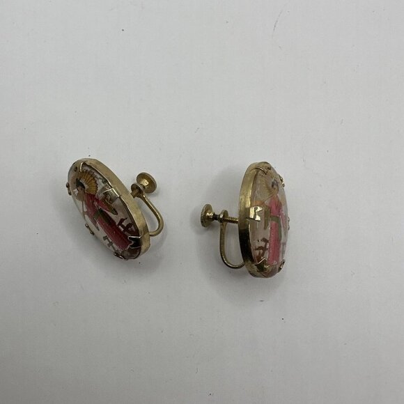 Vintage Geisha Earrings Clip On Twist On Hand Painted Gold Oval Earrings - Picture 7 of 9